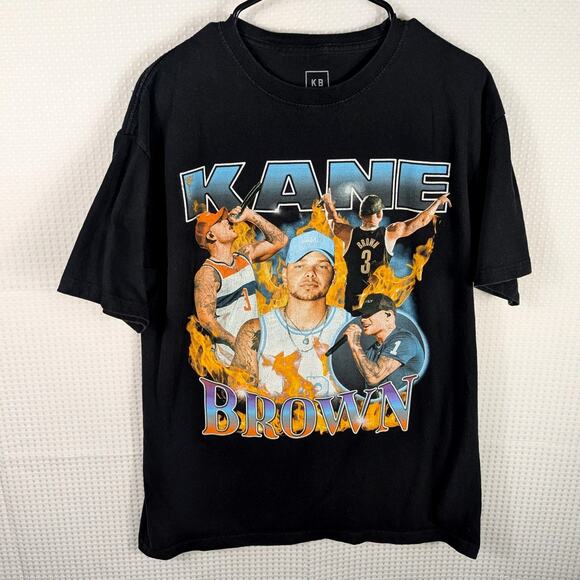 Kane Brown T Shirt Large Men’s Black Graphic Country Music Tour Tee Flames - Picture 1 of 4